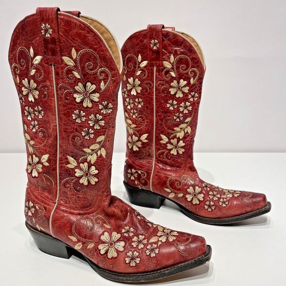 Shyanne Shoes - Shyanne Red Floral Embroidered Leather Western Boots Snip Toe Women’s Size 7.5B